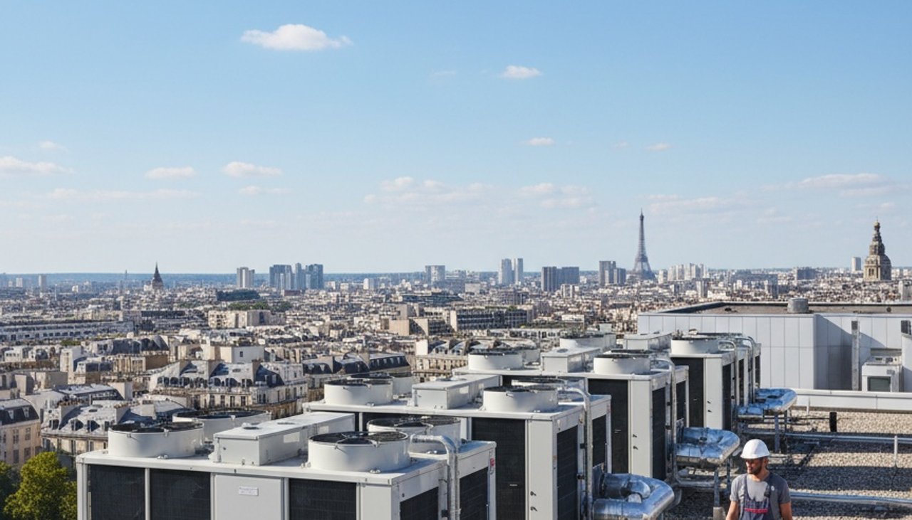 Pompes à chaleur air/eau installées sur le toit d'un immeuble de bureaux